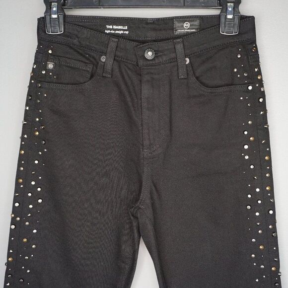 New AG The Isabelle Studded High-Rise Straight-Leg Cropped Black Jeans size 24 - Picture 5 of 16